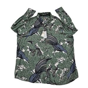 NWT Perry Ellis 4XL Bird Print Button‎ Up Shirt Long Sleeve Green White